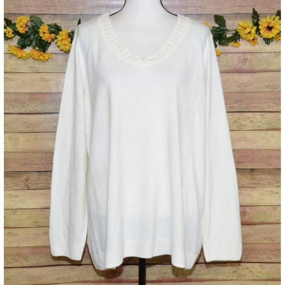 Allegra Ladies 2X Neutral Cream V-Neck Sweater Faux Pearl & Beaded Trim Holidays
